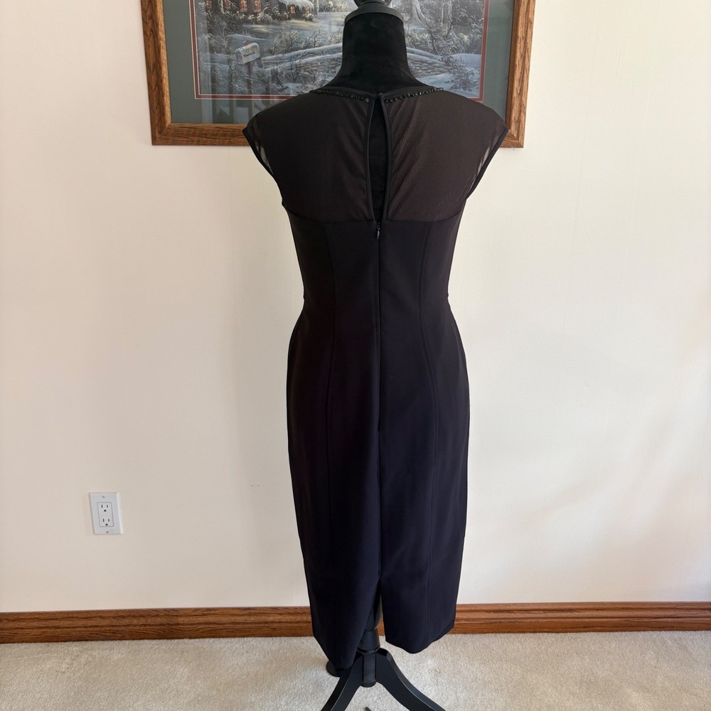 Maggy London Sheath Dress Womens 4 Black Beaded Mesh Yoke Cocktail Midi Evening - Picture 2 of 7
